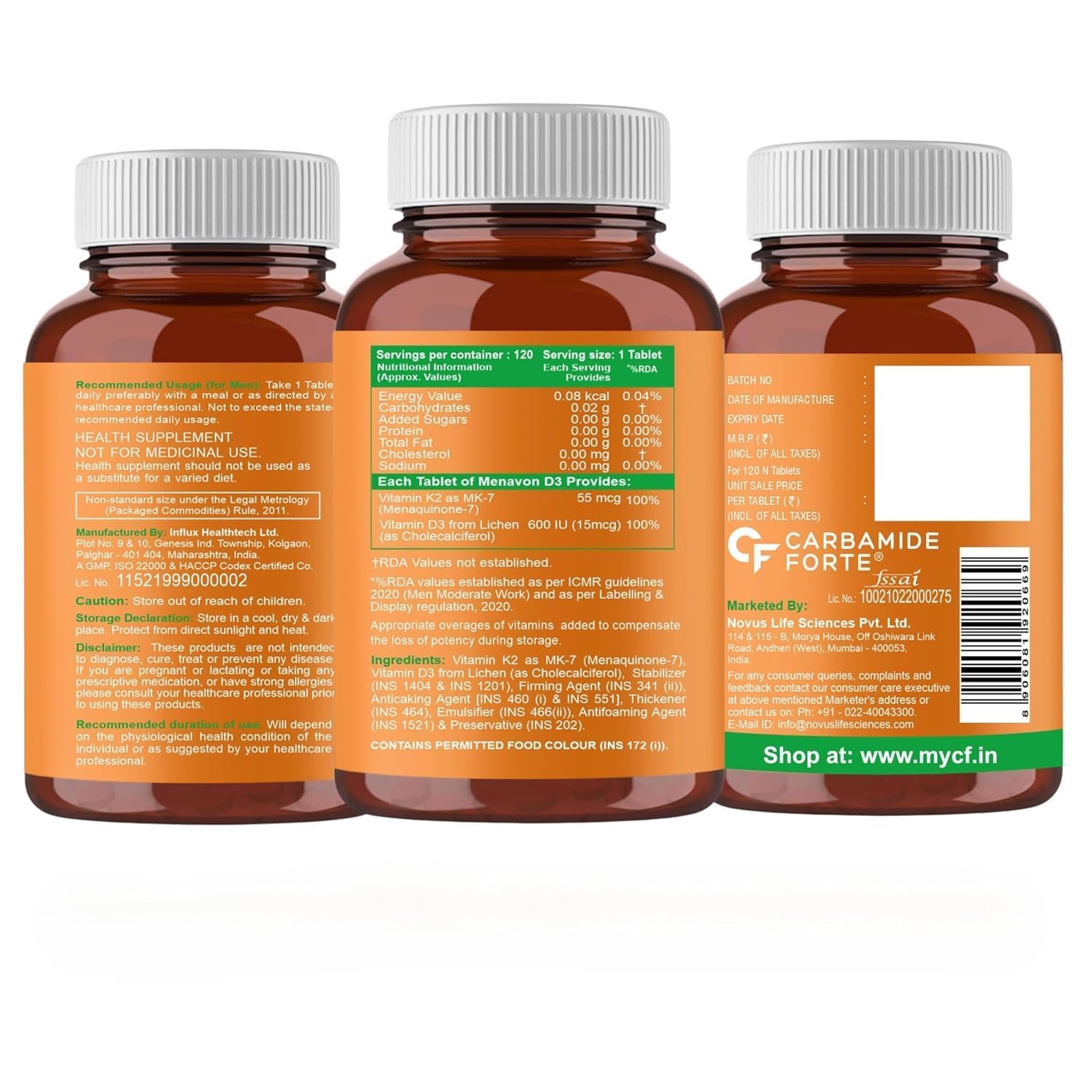Carbamide Forte Vitamin D3 K2 Supplement | Vitamin K2 MK7 To Support Bone & Heart Health | Veg D3 - Lichen - 120 Tablets