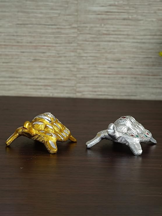 Ecraftindia Golden and Silver Engraved Tortoise Feng Shui Handcrafted Decorative Metal Showpiece