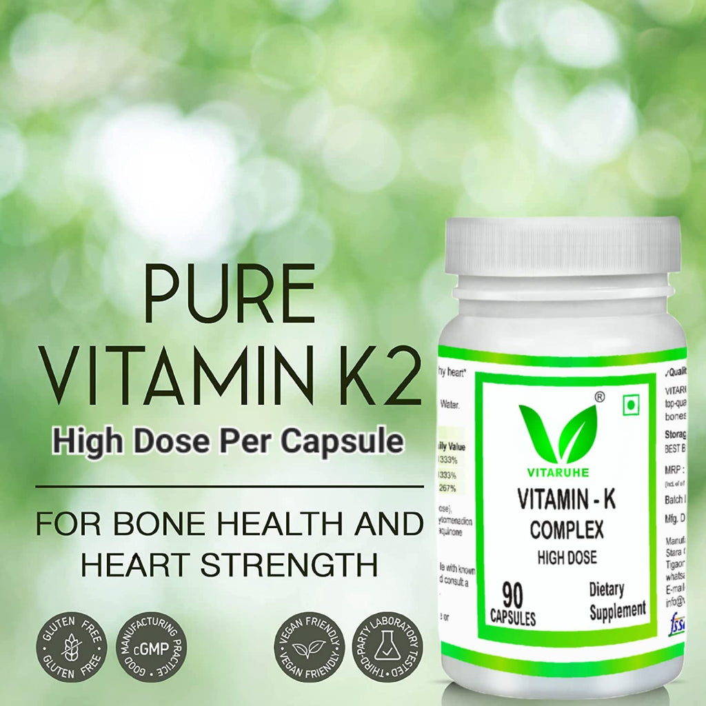 VITARUHE® Vitamin K Complex, High Dose K1 + K2 Menaquinone High Strength & Vegan (MK4 +MK7), 90 Capsules for 3 Months, Best Bioavailability, Supplement Without Additives (1)