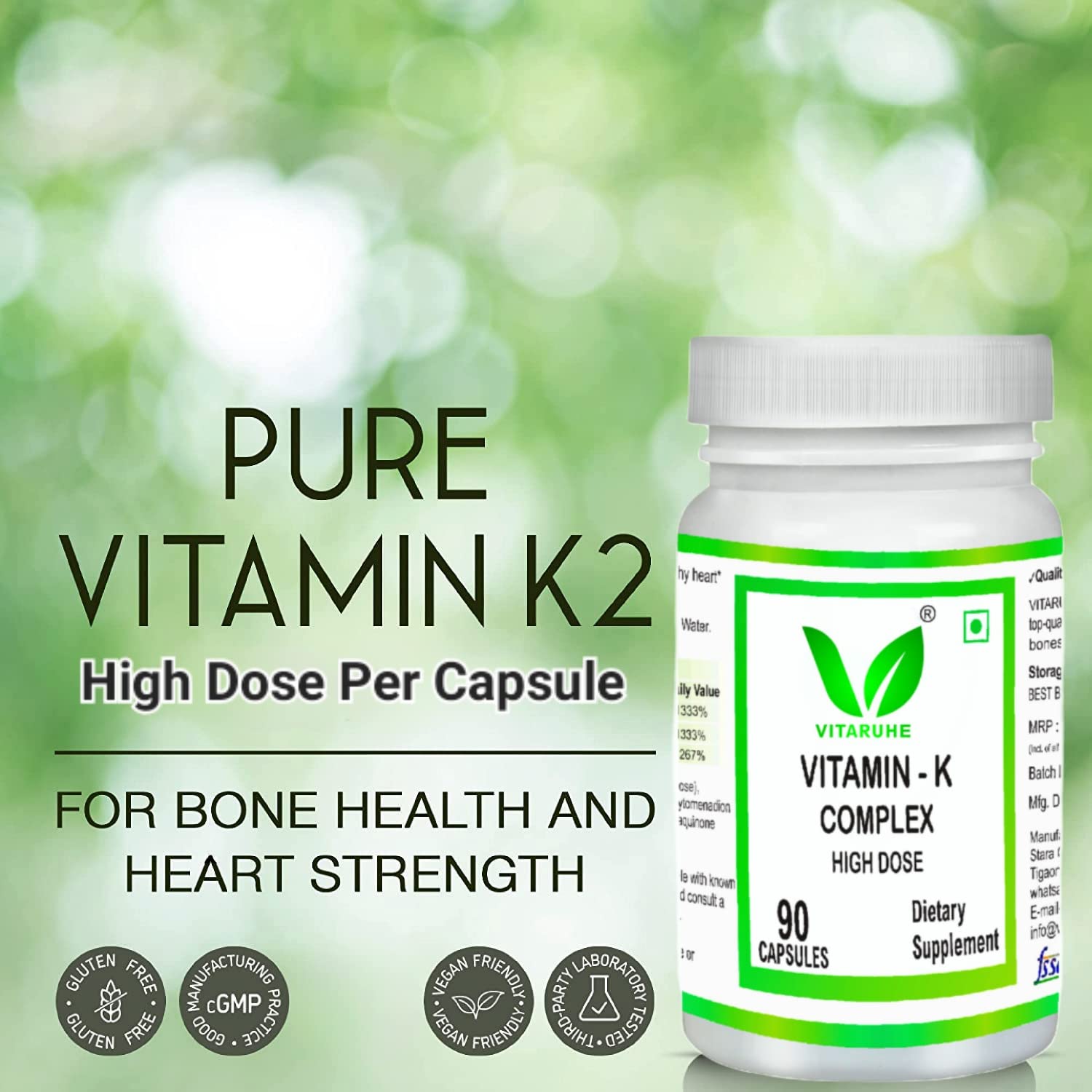 VITARUHE® Vitamin K Complex, High Dose K1 + K2 Menaquinone High Strength & Vegan (MK4 +MK7), 90 Capsules for 3 Months, Best Bioavailability, Supplement Without Additives (1)