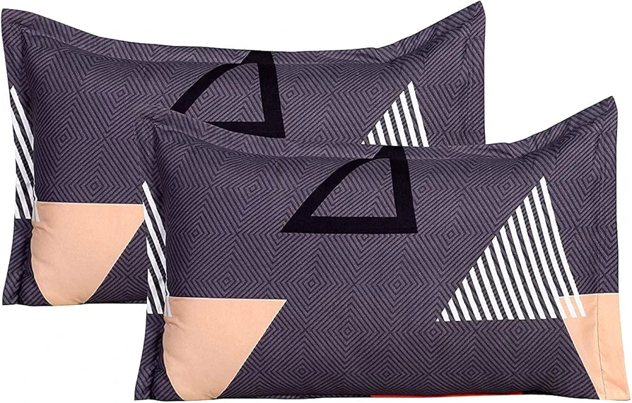 The Home Style Cotton Feel Glace Cotton Elastic Fitted Printed Queen Size Double Bed Bedsheet With 2 Pillow Cover,300 TC Graphite Triangle