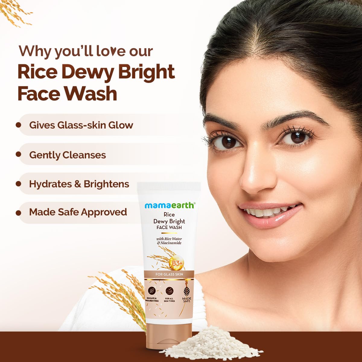 Mamaearth Rice Dewy Bright Face Wash With Rice Water & Niacinamide for Glass Skin | For Hydrated & Even Tone | Glowing & Brightening | Korean Skin Care Product | For Men & Women | 200 ml