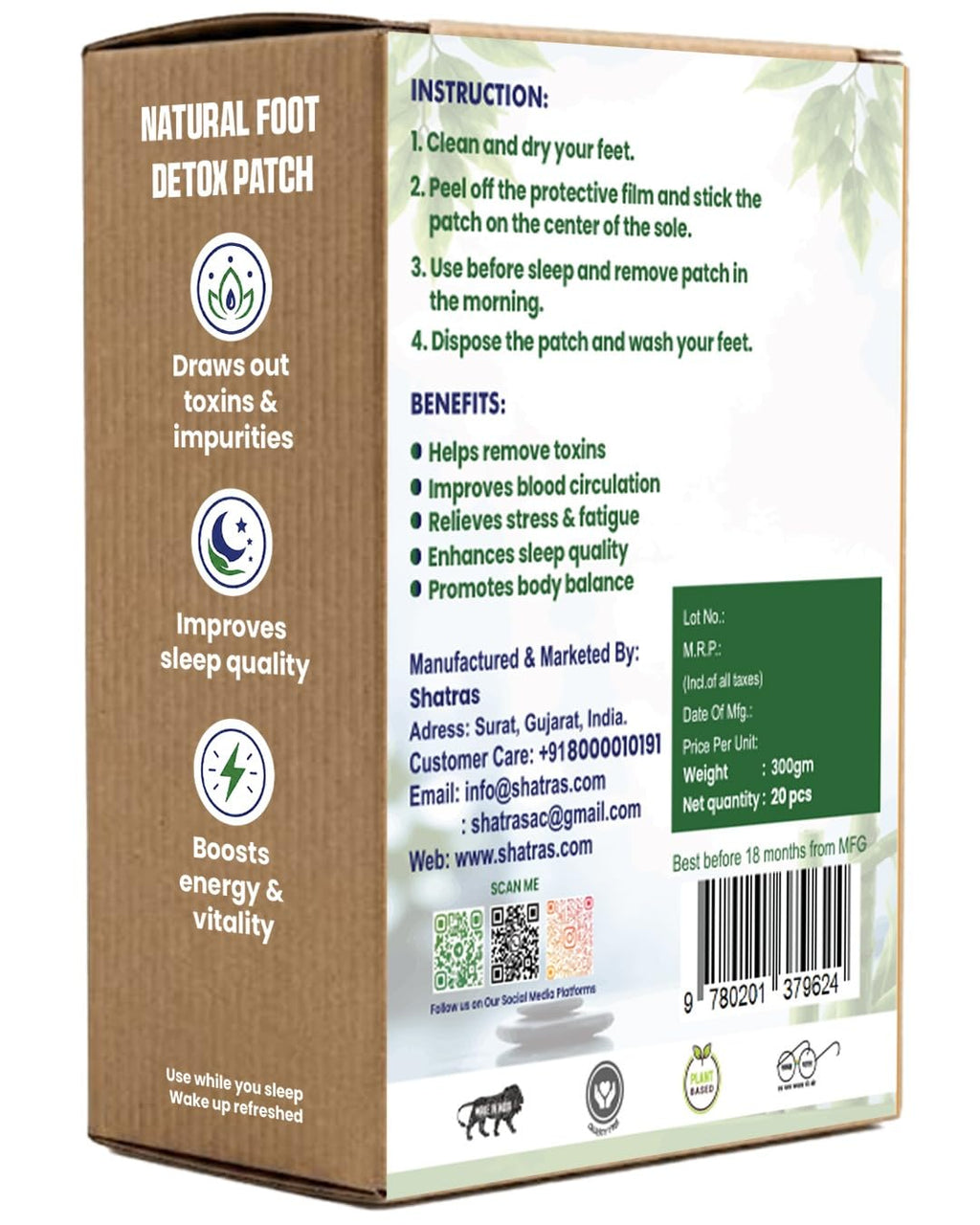 Shatras Herbal Foot Patch for Detox & Relaxation | Overnight Foot Pads for Tired Feet | Natural Ingredients for Sleep Aid, Pain Relief, Toxin Removal with Bamboo Vinegar Foot Patches with Adhesive Sheets-20 Pieces (PACK OF-1)