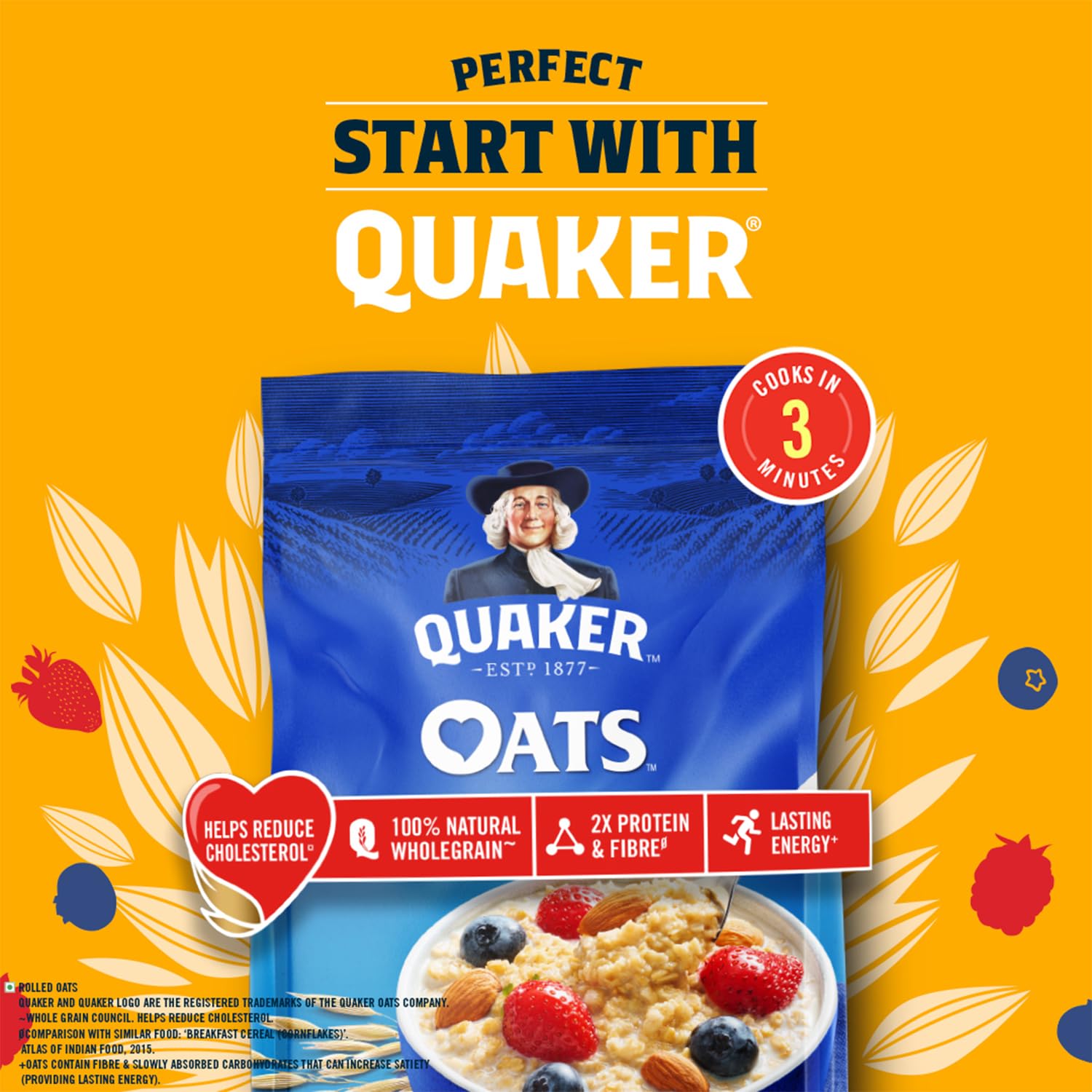 Quaker Oats 1Kg, Rolled Oats Natural Wholegrain, Nutritious Breakfast Cereals, Dalia Porridge, Easy To Cook, Honey