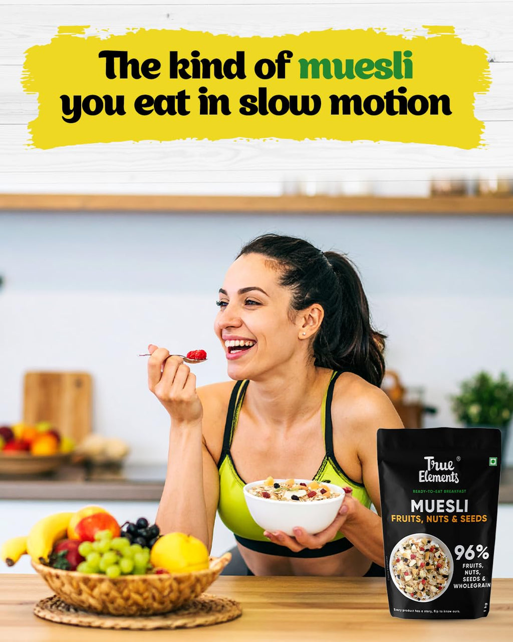 True Elements Muesli Fruit and Nuts 1kg - With Real Fruits & Almonds | 100% Wholegrain Muesli with Oats, Almonds | Real Freeze-dried fruits, Not Candied | Breakfast Cereal | High Fibre & Nutrient-Rich blend