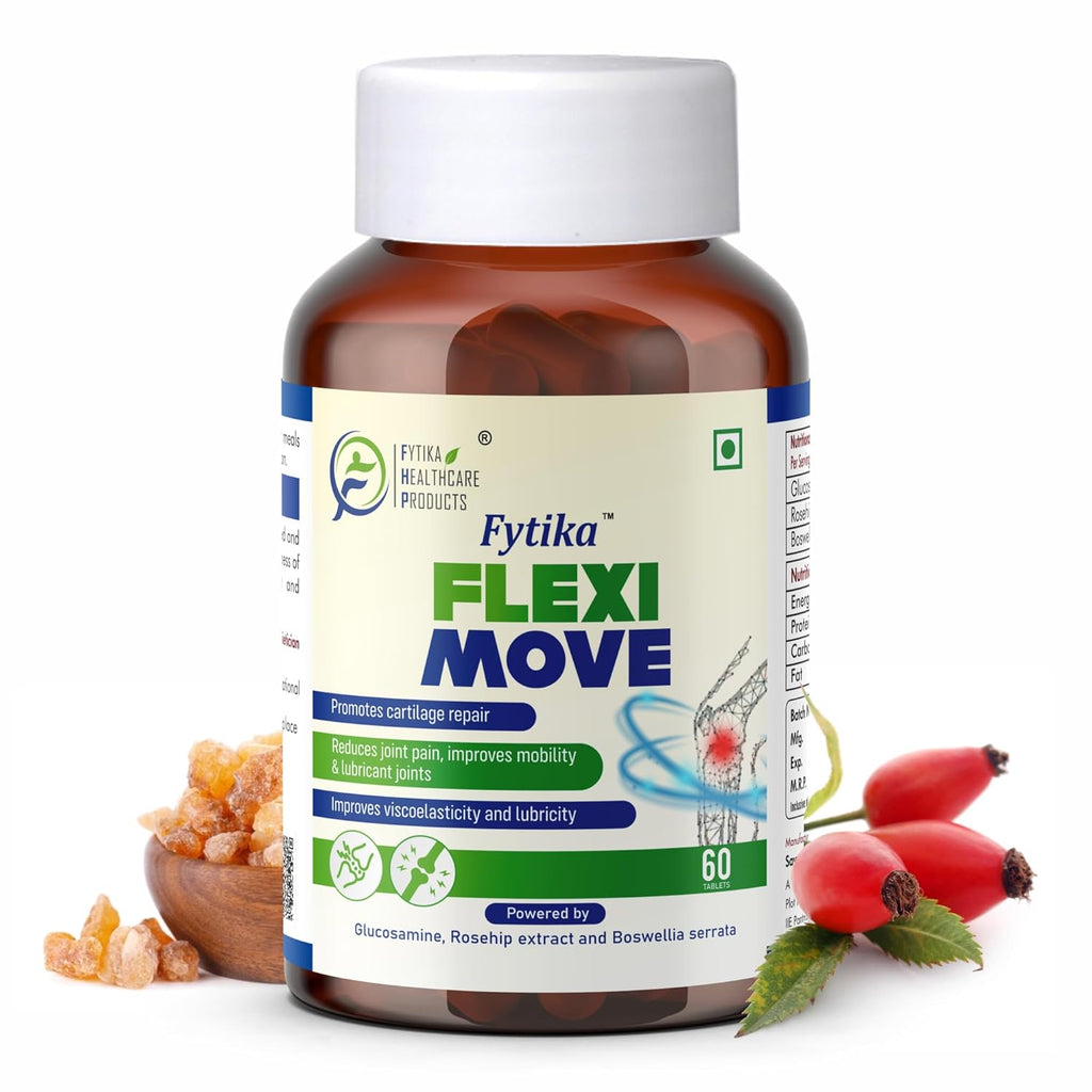 FYTIKA Flexi Move - 60 Tablets (Pack of 1)| Glucosamine, Rosehip Powder, Boswellia Extract | 4 in 1 Formula that Supports Your Bone, Joint, And Cartilage Health | For Men and Women
