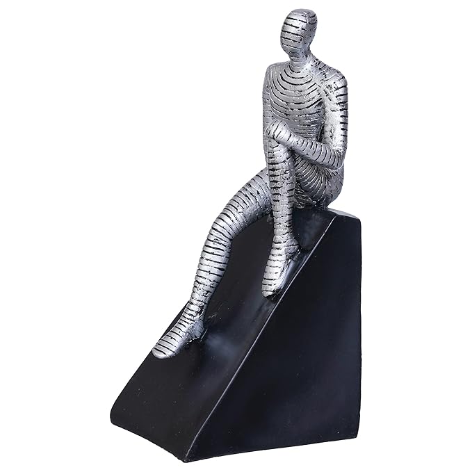 Ecraftindia Silver Man Statue Sitting on Triangle Black Base Human Figurine Decorative Showpiece