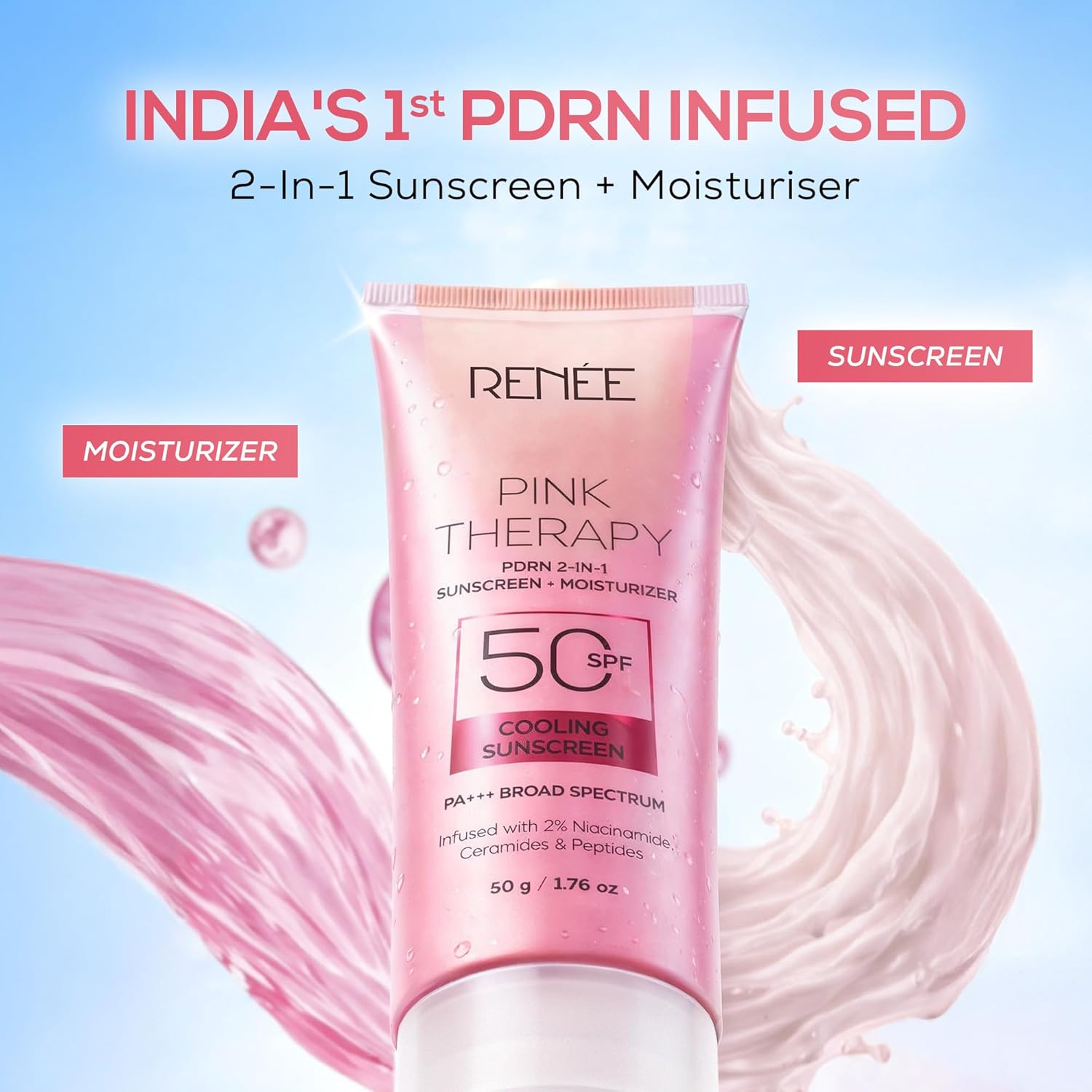 RENEE Pink Therapy PDRN 2-in-1 Sunscreen + Moisturizer SPF 50 PA+++ | In-Vivo Tested | with Niacinamide | Broad Spectrum UVA & UVB Protection | No Visible White Cast | Evens Skin Tone | 50g