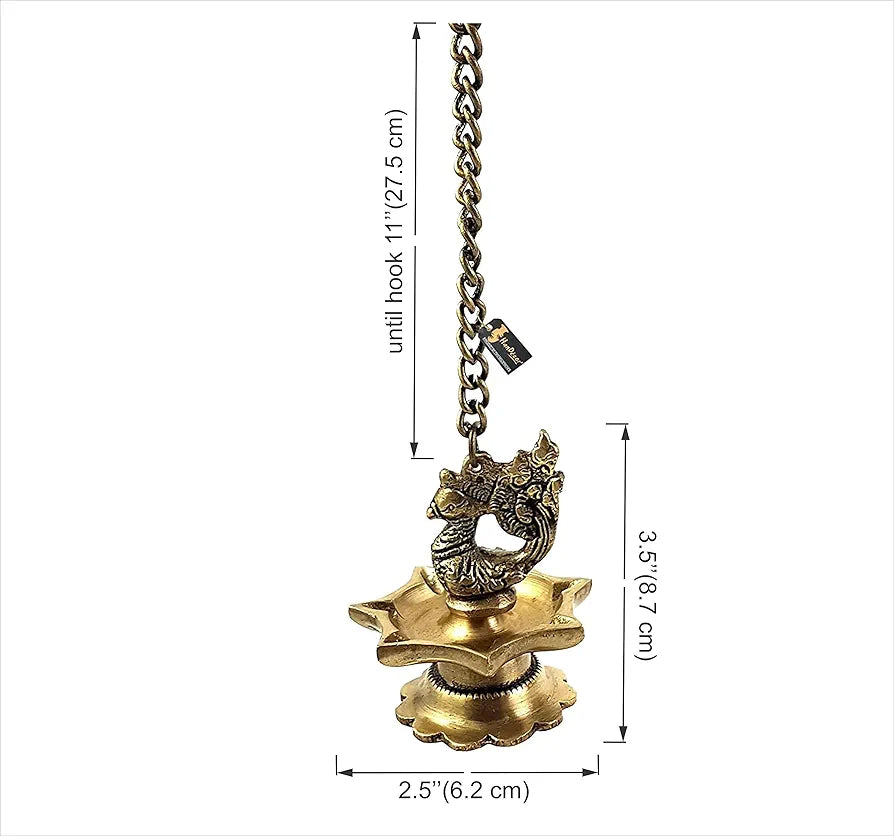 Two Moustaches Brass Peacock Carved Hanging Diya Set Antique Yellow -Pack of 2