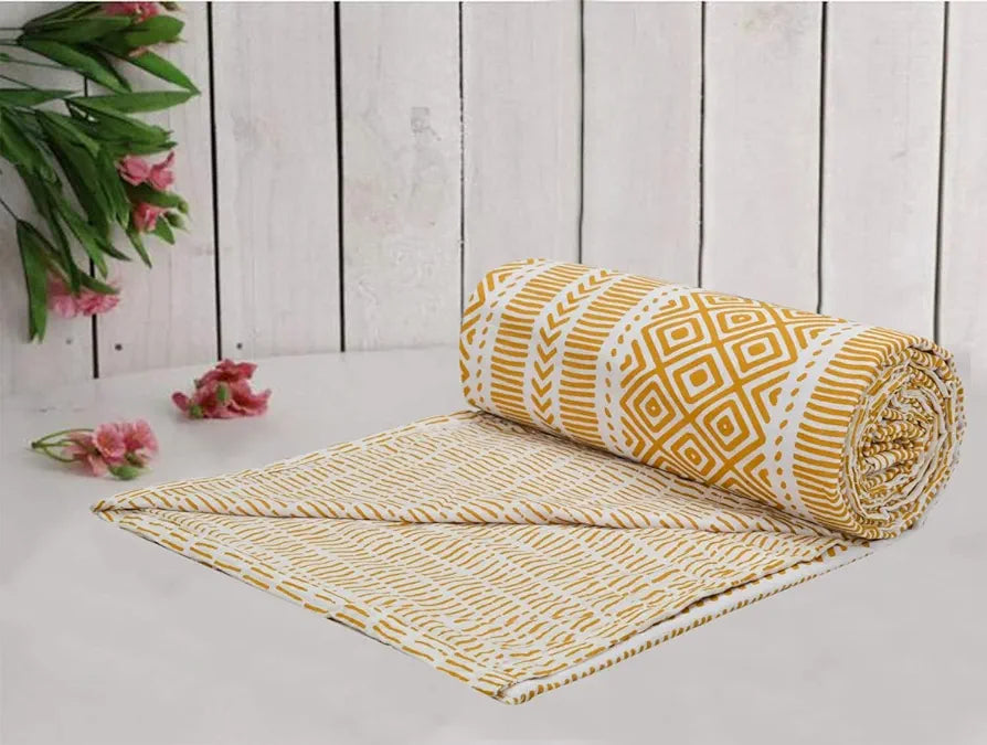 Trance Home Linen Pure Cotton Reversible Dohar Toddler Size Ac Quilt for Babies Colour Aztec Mustard Yellow