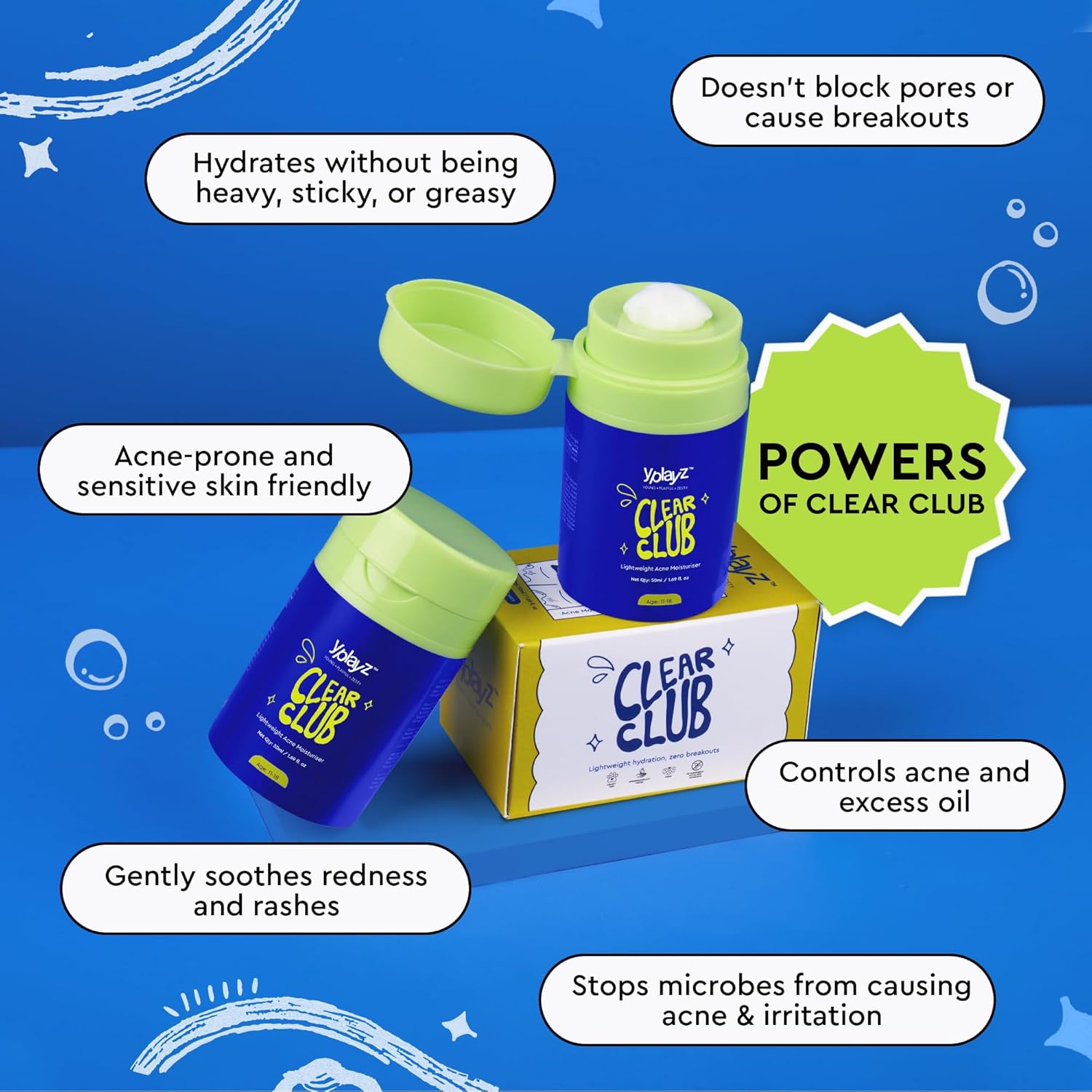 YplayZ Clear Club Acne Moisturizer, Featherlight & Calming Formula for Kids & Teens | Ages 11-18 - 50 Ml