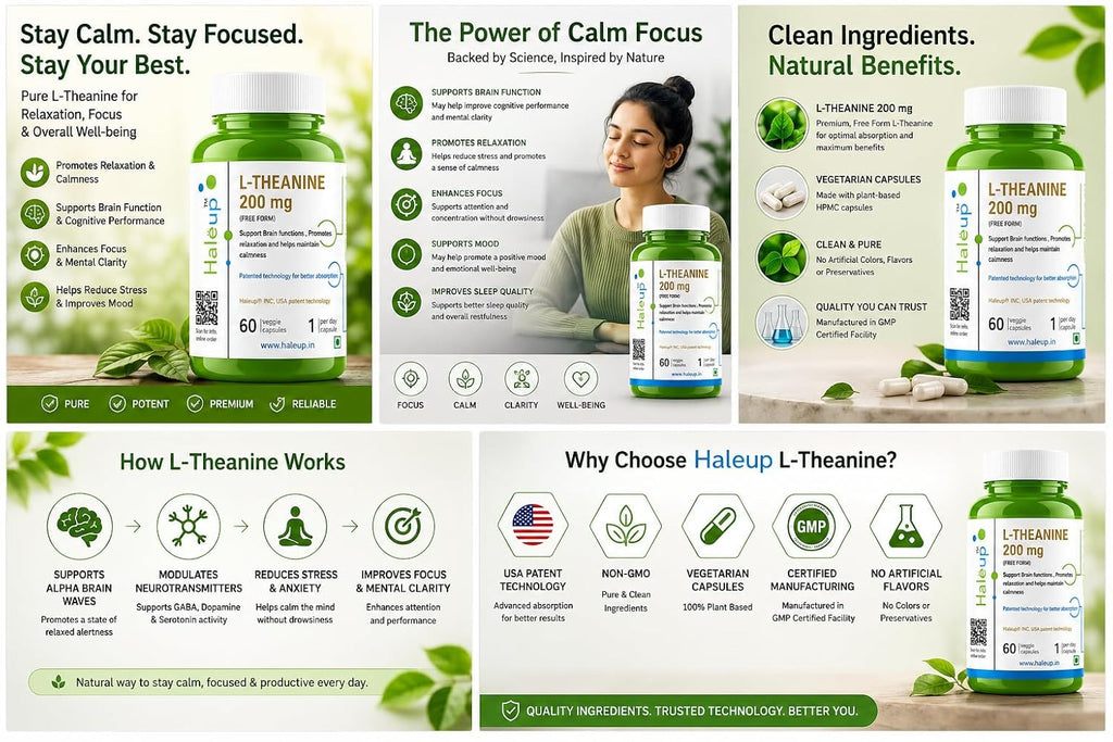 Haleup L-Theanine 200 mg | High Bioavailability Formula | Promotes Calm, Focus & Relaxation | Haleup USA, 60 capsules (60 count X 1)
