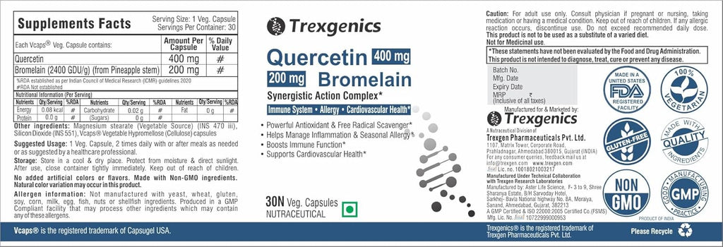 Trexgenics QUERCETIN 400 mg, BROMELAIN 200 mg Synergistic Action Respiratory Health, Immunity, Cardiovascular Health VEGAN & NON-GMO (30 Veg. Capsules) (Pack of 1)