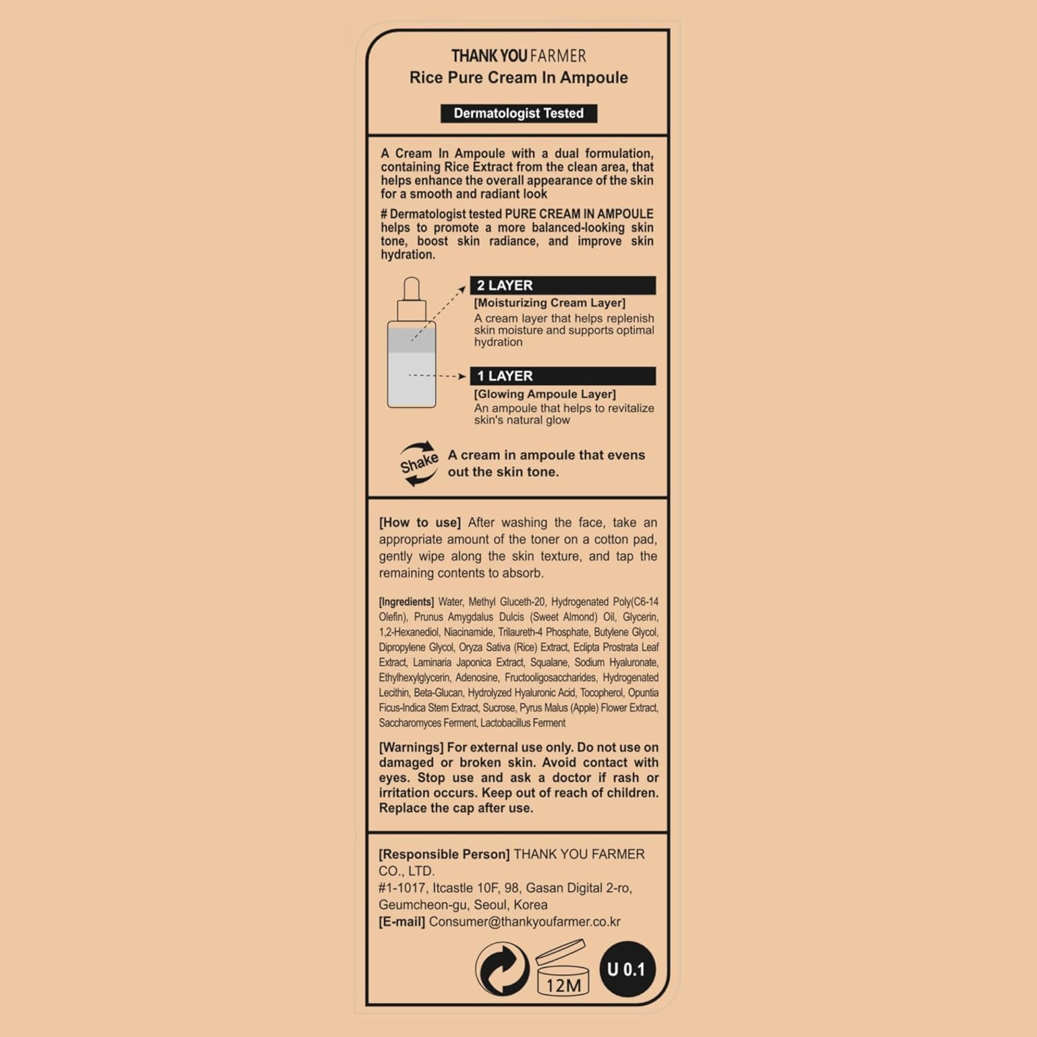 THANKYOU FARMER Rice Pure Cream In Ampoule (50ml) Brightening Rice Face Serum, Deep Hydration & Glow Enhancing Cream Serum for All Skin Types, Moisture Locking & Brightening Serum