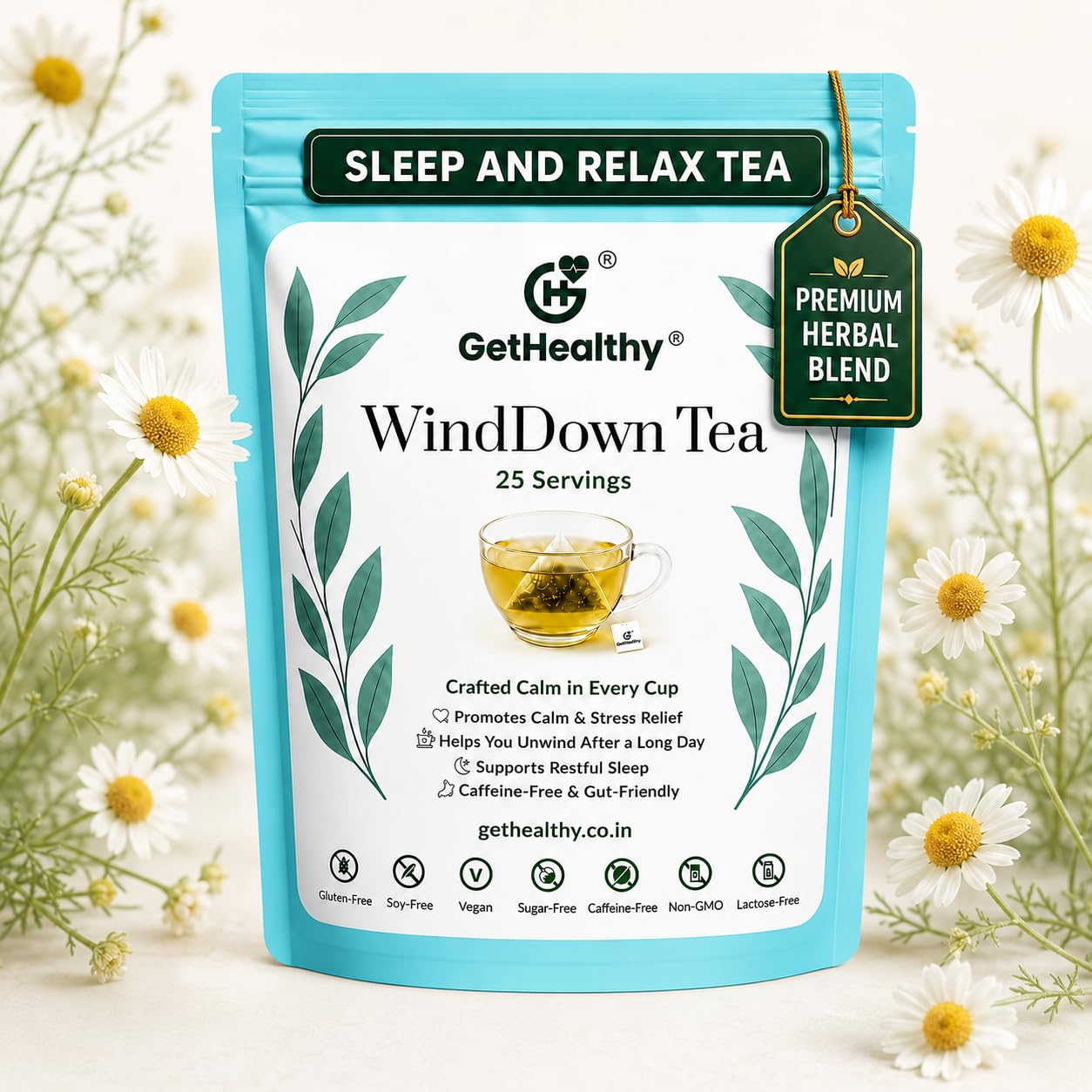 GetHealthy® WindDown Tea™ for Sleep | Caffeine Free Bedtime Herbal Blend with Chamomile, Ashwagandha & Lavender | Relaxing Sleep Tea for Nighttime Calm | Premium Chamomile Tea Bags | 25 Pyramid Bags