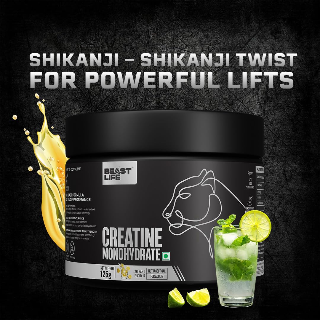 BeastLife Micronised Creatine Monohydrate with Free Shaker | 125g | 33 Servings | Shikanji | NABL Lab Tested | Rapid Absorption for Muscle Strength & Athletic Performance | Super Micronised Creatine Powder