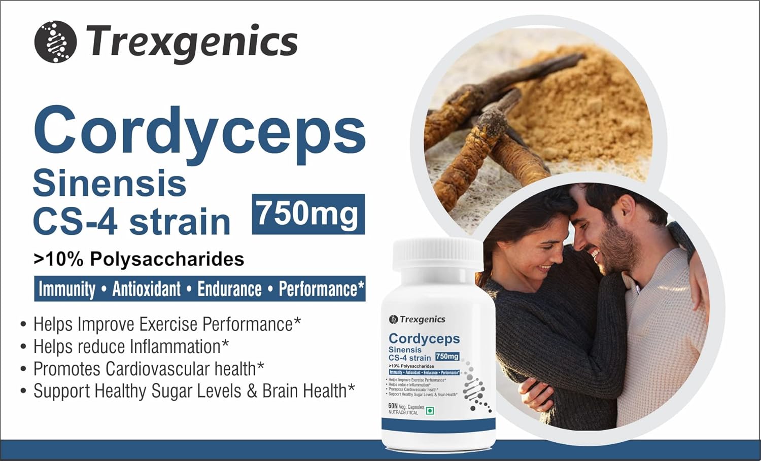 Trexgenics CORDYCEPS 10% Polysaccharides 750 mg Immunity, Cardiovascular, Exercise performance VEGAN & NON-GMO (60 Veg. Capsules) (Pack of 1)