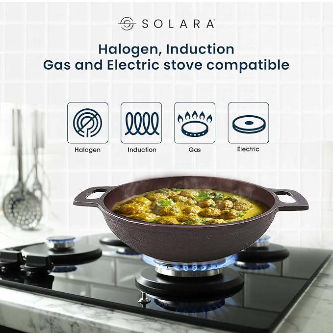 Solara Pre Seasoned Cast Iron Kadhai | 20 Cm | 1.8 Kg | Naturally Nonstick Cast Iron Kadai With Flat Handles | 1.7 Litres