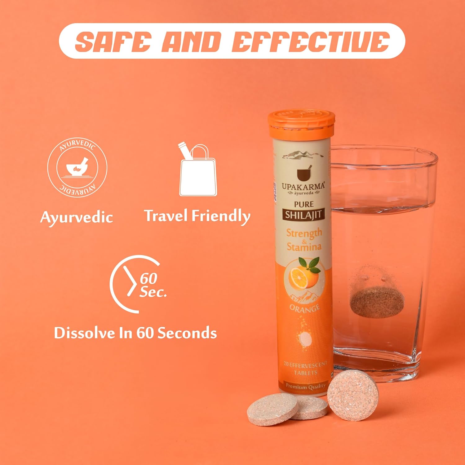 UPAKARMA Shilajit Orange Flavour Effervescent - 20 Tablets | Helps to Boost Strength & Stamina | Travel Friendly & Lab Tested | Dissolve in 60 Sec, Pack of 1