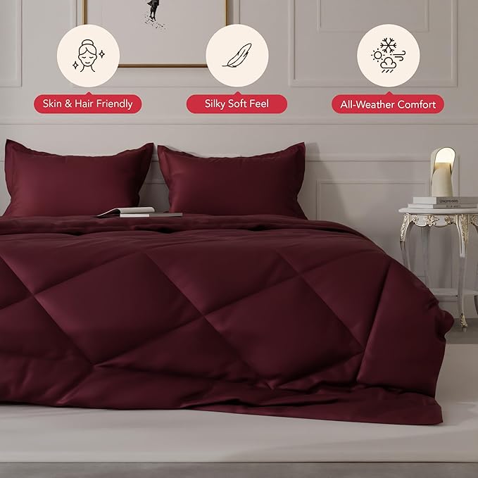 Stoa Paris Satin Comforter Double Bed with 300 TC 2 Pillow Covers Colour Velvet Wine