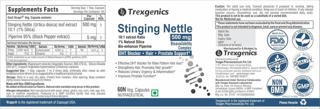 Trexgenics STINGING NETTLE (1% Natural Silica) 500mg with with Bio-enhancer Piperine 5mg DHT Blocker, Hair growth, Prostate Support (60 Veg capsules)