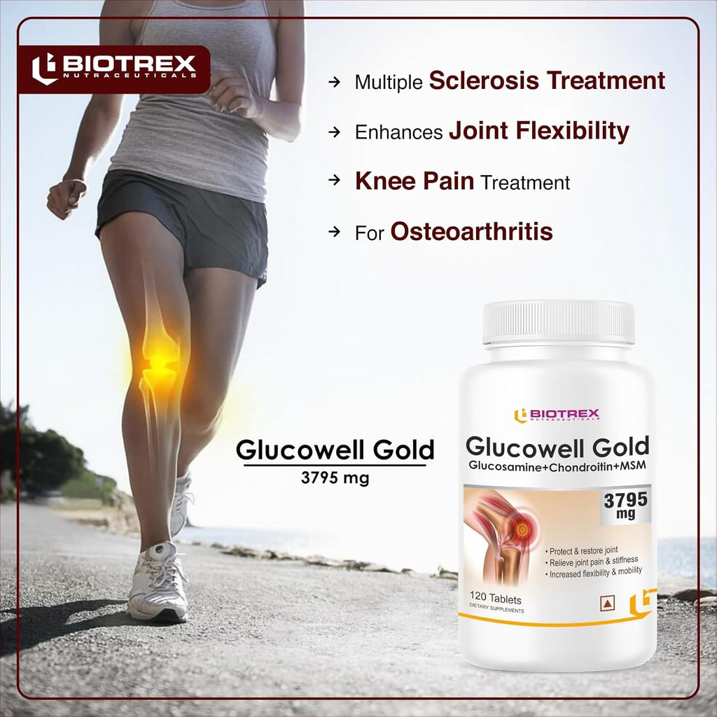 Biotrex Nutraceuticals Glucosamine+ Chondroitin + MSM 3795mg Glucowell GOLD - 120 Tablets, Cartilage & Joint Support Supplement, Glucosamine Chondroitin MSM for Joint Relieves Pain and Stiffness