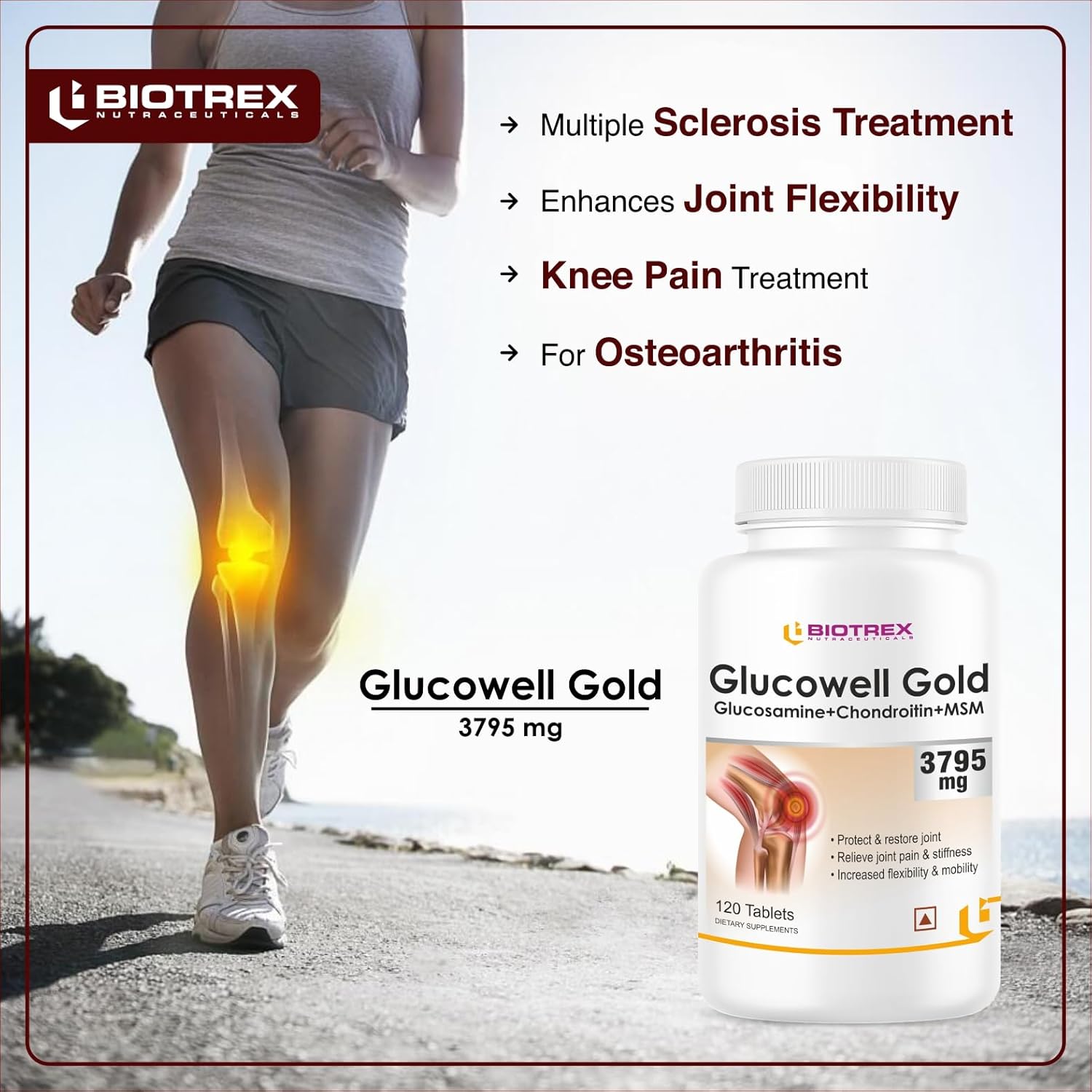 Biotrex Nutraceuticals Glucosamine+ Chondroitin + MSM 3795mg Glucowell GOLD - 120 Tablets, Cartilage & Joint Support Supplement, Glucosamine Chondroitin MSM for Joint Relieves Pain and Stiffness