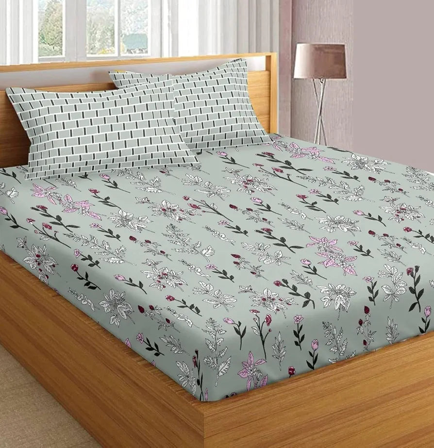 Trance Home Linen 180 TC Cotton Standard Queen Size Elastic Fitted Bedsheet Printed Queen Bed Size with 2 Pillow Covers Colour Misty Green Carnations