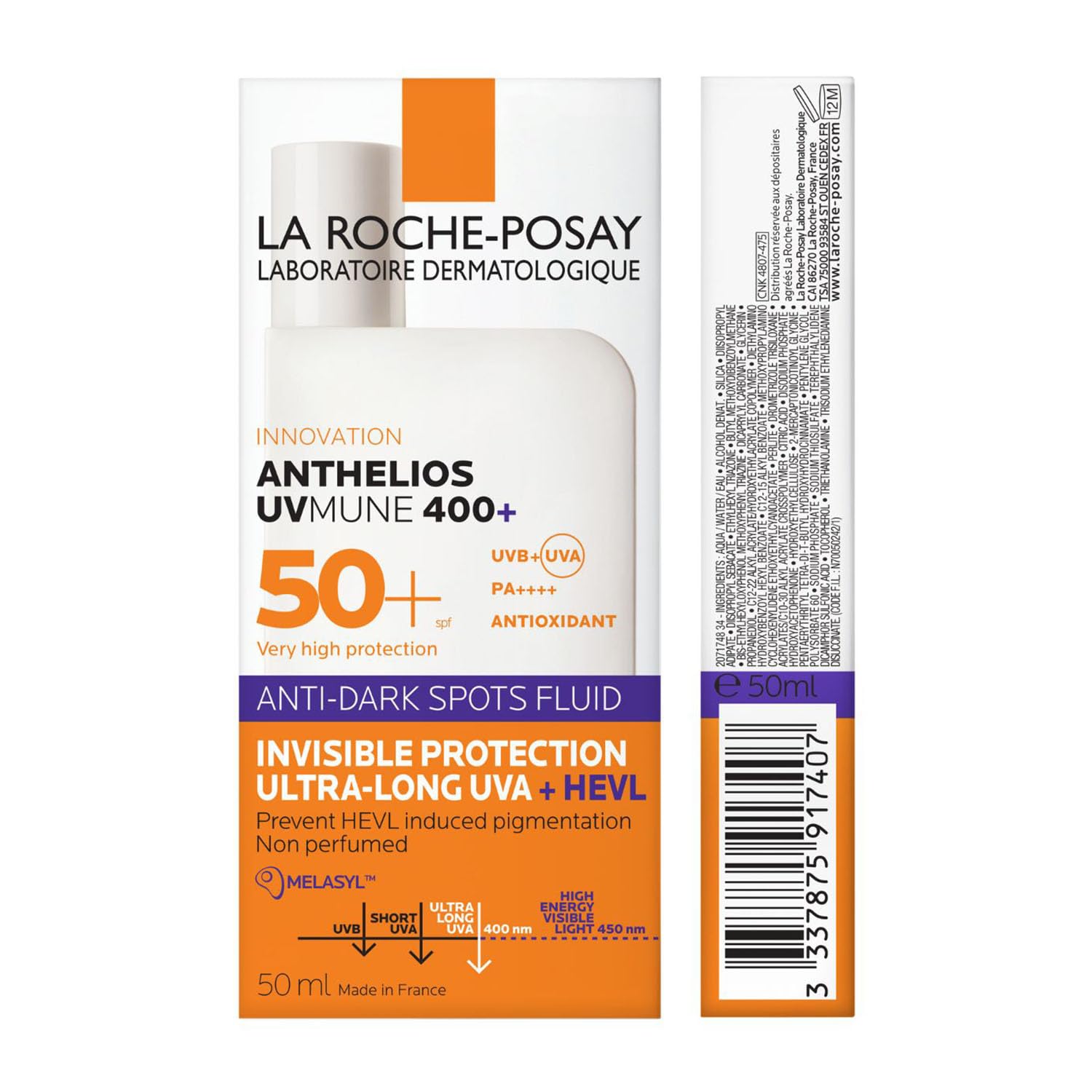 La Roche-Posay Anthelios Sunscreen UVMune Anti-Dark Spot Fluid SPF50 PA++++ Broad Spectrum| Anti-pigmentation Even Tone Sun Protection for Face with Melasyl, 50 ml