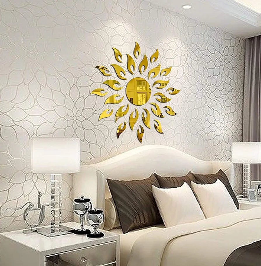 Bikri Kendra Sun Golden Decorative Mirror Stickers for Wall Mirror Stickers 3D Acrylic