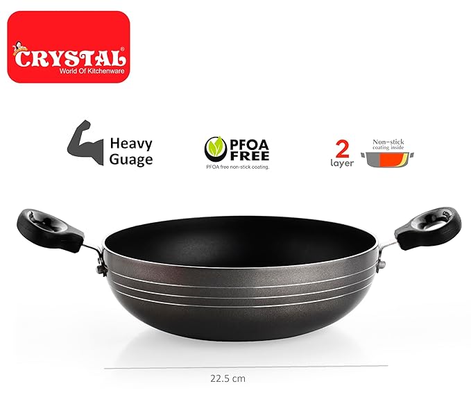 Crystal Classic Series Non-Stick Kadai with Steel Lid| 225 mm - 732 gms