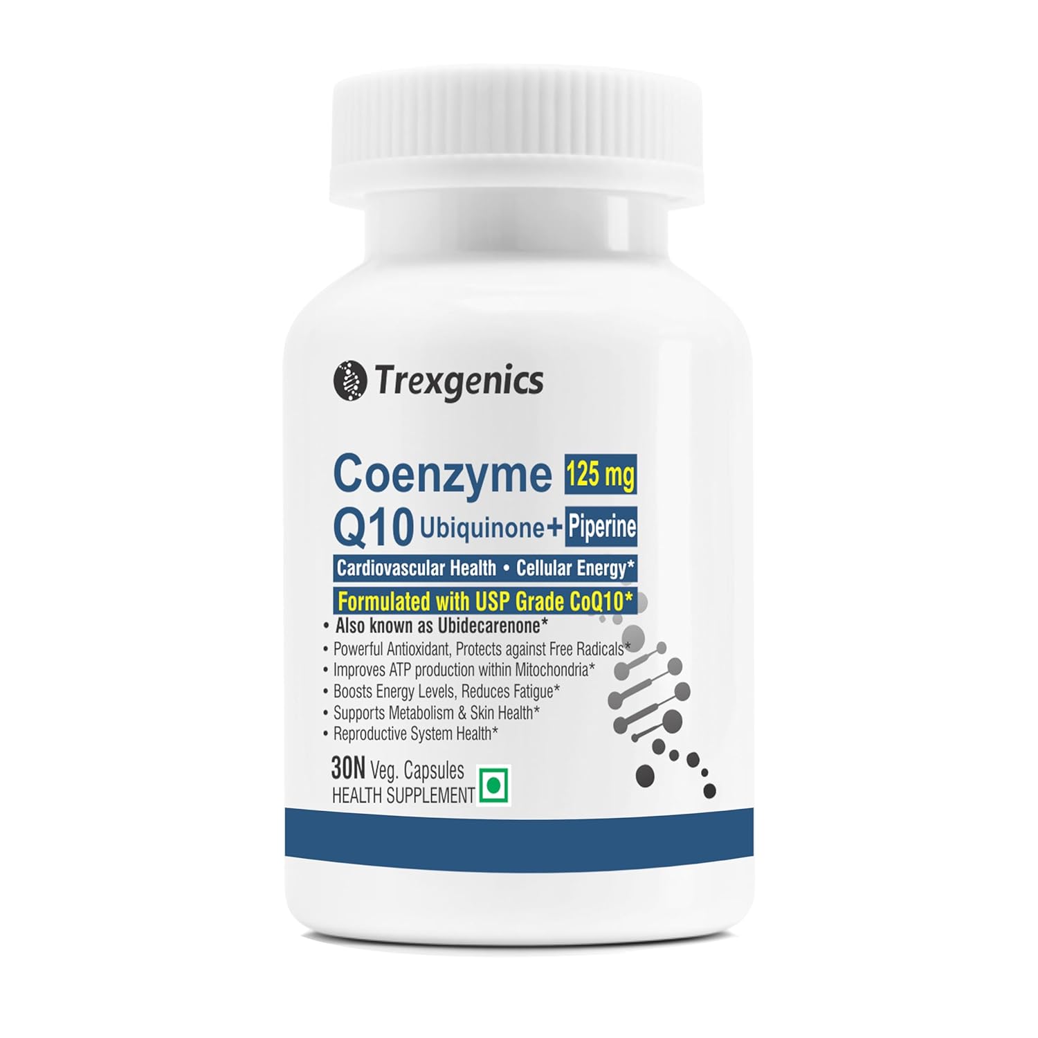 Trexgenics COENZYME Q10 125 mg USP grade Ubiquinone (Ubidecarenone) with Piperine 5 mg Antioxidant, Cellular Energy, Heart Health (30 Veg Capsules))