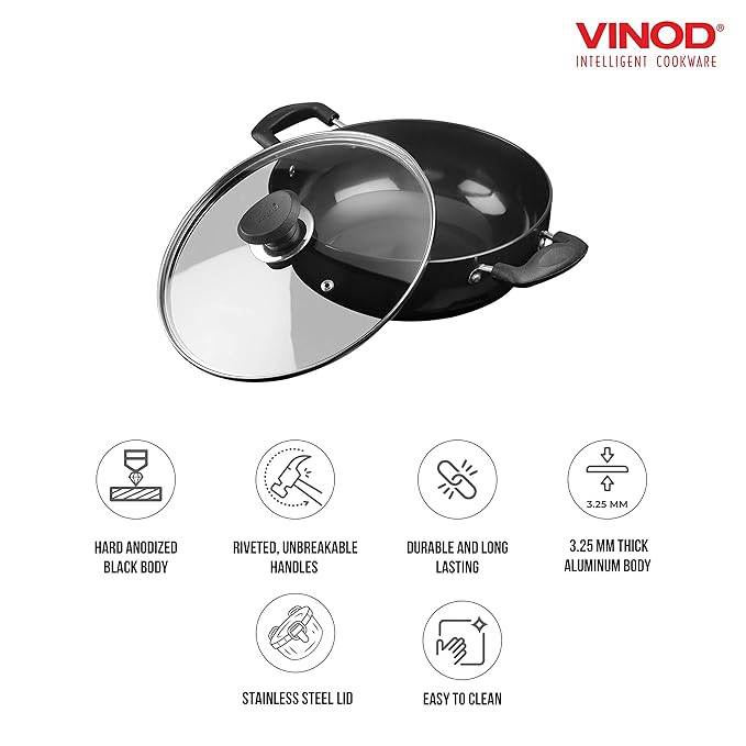 Vinod Black Pearl Plus Hard Anodised Deep Kadhai with Lid - 2.6 Litre, 22 cm | 3.25mm Thick | Natural Stick Free Kadai