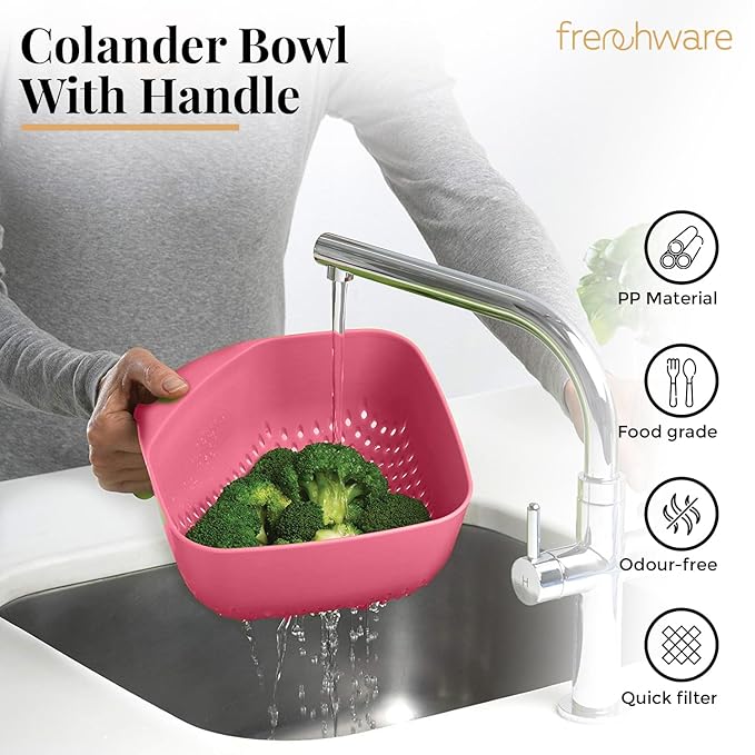 Frenchware 1 Unit Plastic Colander With Handles, Premium-grade Plastic, 100% Food Safe | Dishwasher Safe | Peach Colour