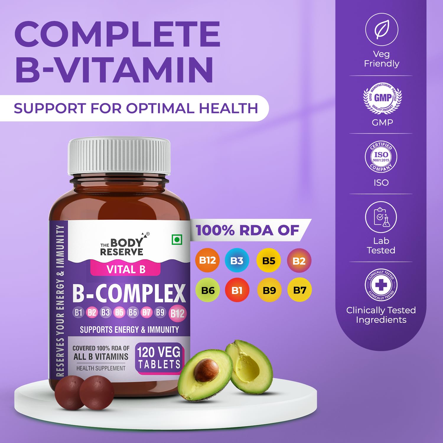 The Body Reserve Vitamin B Complex Tablets- 120 Veg Tablets 100% Rda Of Vitamin B1, B2, B3, B5, B6, B7, B9 & B12, Vitamin B Complex Supplements For Women & Men (4 Months Supply Pack)
