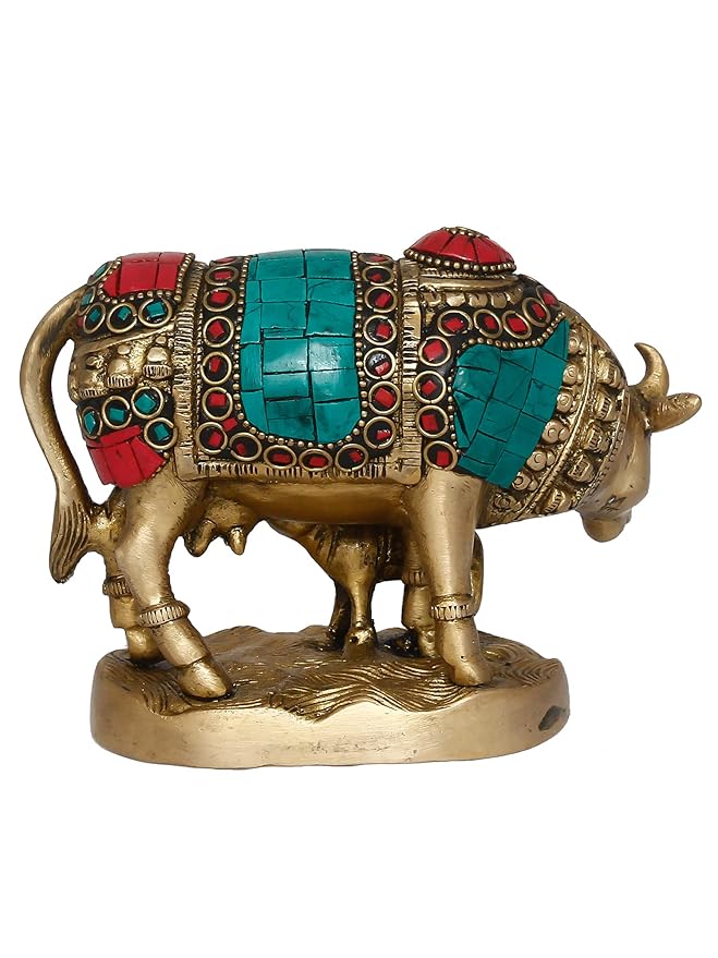 Ecraftindia Golden Stone Work Handcrafted Brass Cow and Calf Statue | Cow Statue With Calf Animal Figurine Decorative Showpiece