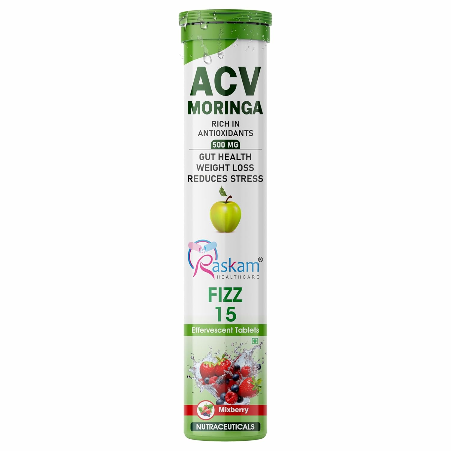 ACV Moringa Effervescent Tablets | Fizz 15 Tablets in Mixberry Flavor, 500mg| Natural Energy & Immunity Booster with Antioxidants to Control Cravings (Pack of 1)