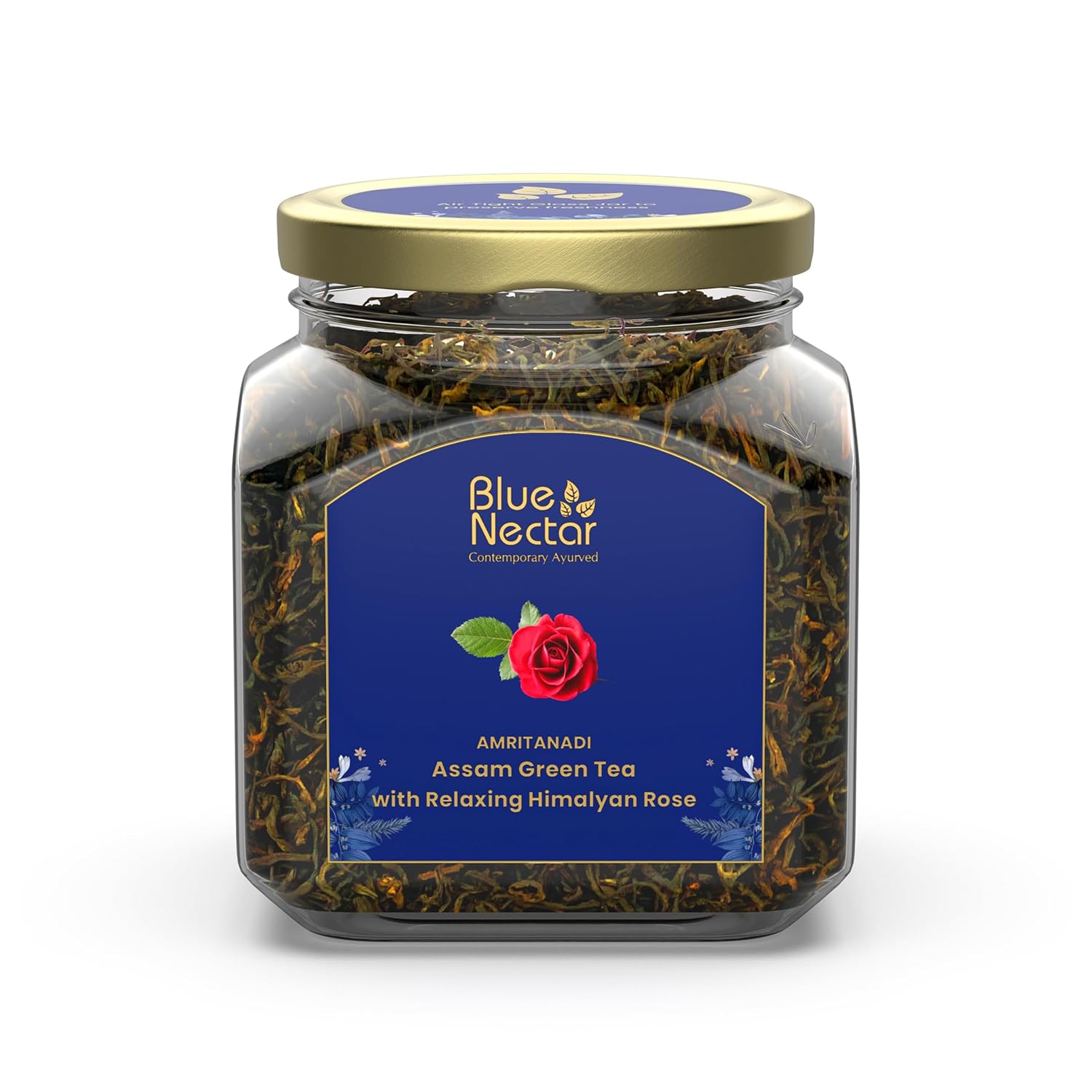 Blue Nectar Green Tea Leaves with Rose for Relaxation with Green Tea Strainer | Eco Friendly Glass Jar | 100% Natural, Handpicked from the Himalayas | (65g)