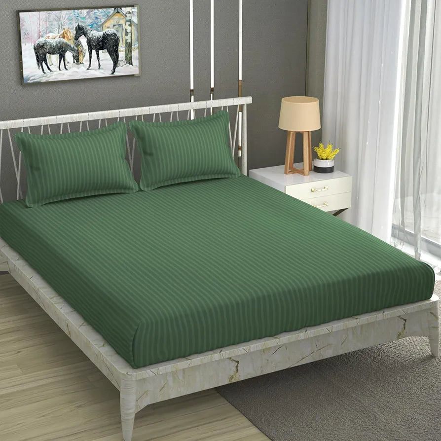 Homefab India 160 TC Stripe Cotton Feel Glace Cotton Elastic Fitted King Size Double Bed Bedsheet with 2 Pillow Covers Fits Upto 6 inches Mattress Dark Green