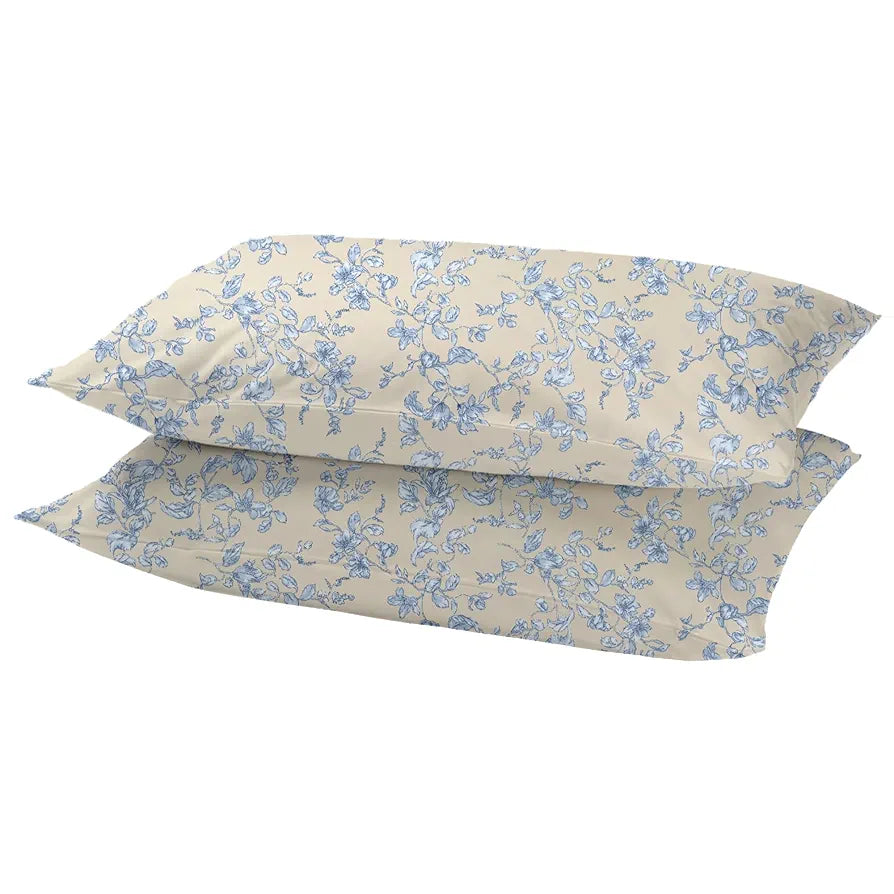 Trance Home Linen 100% Percale Cotton 210 TC Bedsheet Queen Size Printed Fitted Bedspread with 2 Pillow Covers Grape Colour Vine Blue