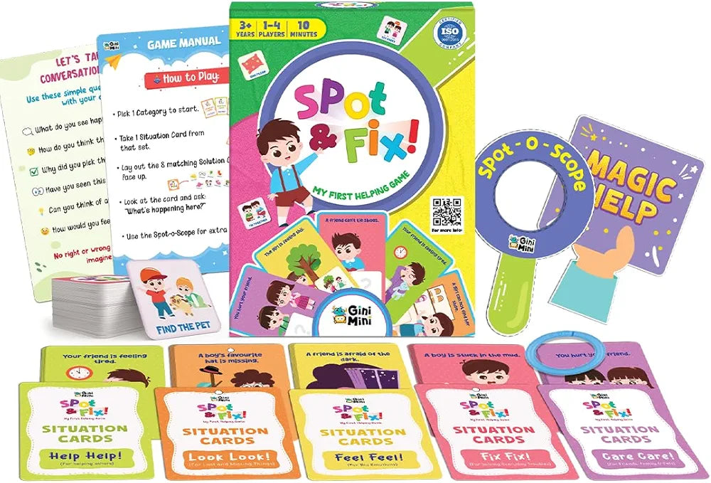 GiniMini Spot & Fix – 80+ Cards & Props Social Emotional Learning Game for Kids 3+ Builds Empathy Communication & Problem-Solving Preschool Educational Toy & Travel-Friendly Gift