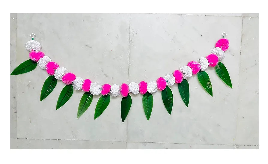 Artificial Marigold &Mango Leaves Simple Door-Window Toran White and Baby Pink