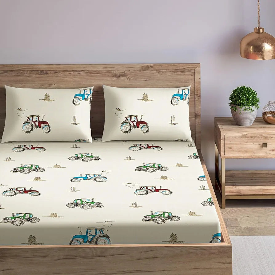 Trance Home Linen 180Tc 100% Cotton Standard King Size Elastic Fitted Kids Bedsheet Cartoon Printed King Bed Size with 2 Pillow Covers Colour Car Blue
