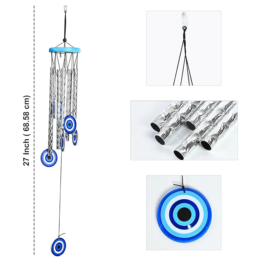 Evil Eye Wind Chimes for Living Room and Bedroom Silver 5-Pipe Wind Chime -013