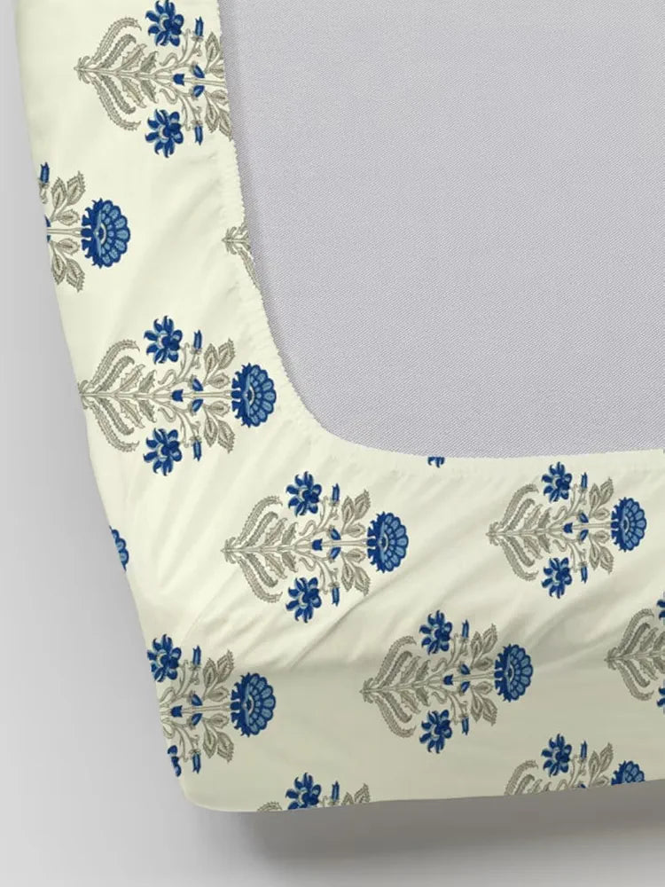 Trance Home Linen 180Tc 100% Cotton 78"X36" Single Size Elastic Fitted Bedsheet Printed With 1 Pillow Cover 180 tc Colour Aangan Blue