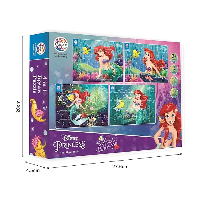 Ratna's 4 in 1 Disney Jigsaw Puzzle 140 Pieces for Kids | 4 Jigsaw Puzzles 35 Pieces Each | Mermaid Ariel