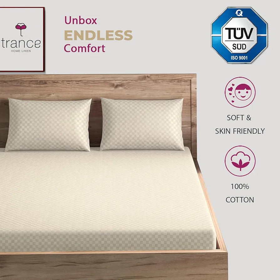 Trance Home Linen 100% Cotton Jacquard Weave Fitted Bedsheet for King Size Bed with 2 Pillow Cover Premium 300TC Skin Friendly 78 x 72 Inches Colour Pearl