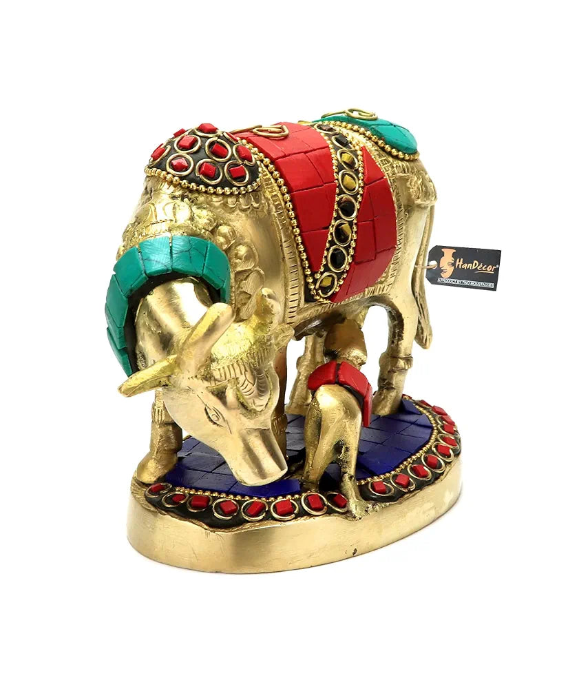 Two Moustaches Gemstone Work 5.5 Inches Kamdhenu Cow Brass Showpiece