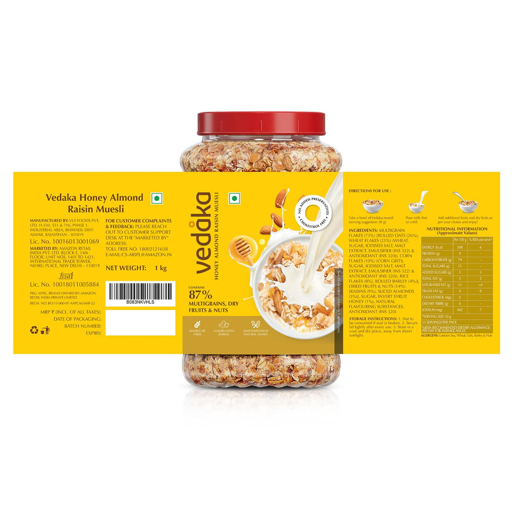 Vedaka Honey Almond Raisin Muesli | 1 Kg | Jar | Sweetened with Natural Honey | Contains 87% of Dry Fruits, Nuts and Multigrains | Source of Fiber | No Added Preservatives