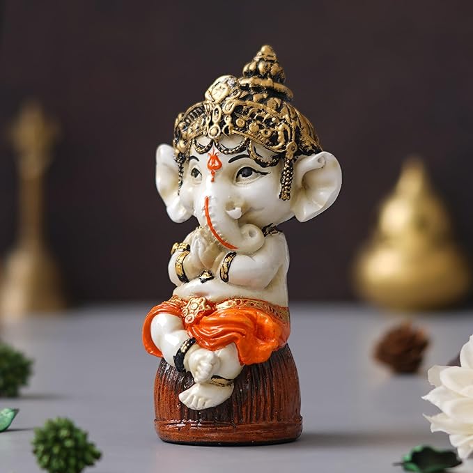 Ecraftindia Orange Polyresin Handcrafted Lord Ganesha Idol Sitting on Rock | God Idol